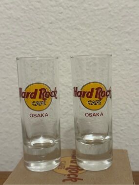 Hard Rock Cafe Osaka Clear Shot Glasses with Red & Yellow Logo - Pair